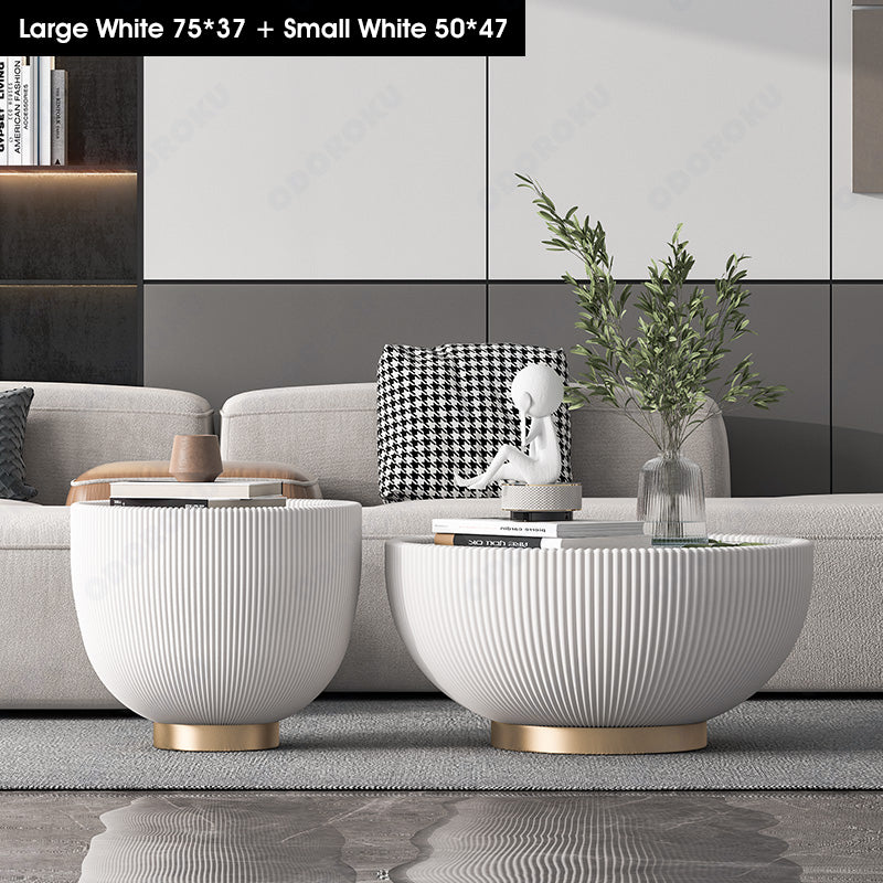 ODOROKU Sintered Stone Coffee Table with Microfiber Leather Set of 2 Set Golden Frame Minimalist Circular and Marble Material Pattern Tables, Living Room Bedroom Apartment Modern Industrial Space Saving - ODOROKU