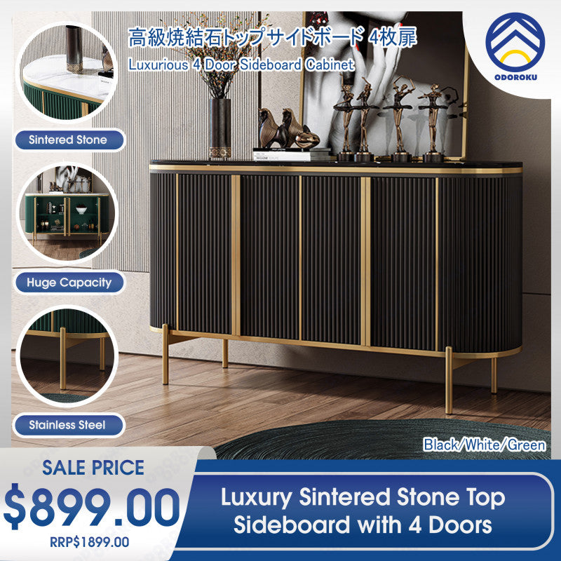 ODOROKU Luxury Sintered Stone Top Sideboard Cabinet with 2 / 4 Doors Sideboard Buffet Storage Cabinet with Metal Gold Legs for Bedroom, Living Room, Kitchen, Office or Hallway - ODOROKU