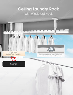 ODOROKU 1.2/1.5/2/2.4m Aluminum Windproof Clothes Drying Rod Ceiling Wall Mounted Laundry Rack Windproof Hooks Garment Clothing Bar Closet Storage Hanging Bar Heavy Duty Rustproof - ODOROKU