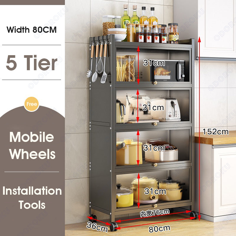 ODOROKU 3/4/5 Tiers Heavy Duty Free Standing Kitchen Rack with Cabinet Door & Removable Back Panel for Kitchens Storage with Rolling Wheels Microwave Oven Stand Rack - ODOROKU