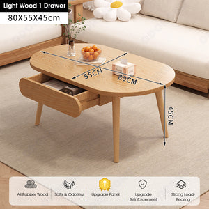 ODOROKU 80/100/120cm Wood Modern Oval Coffee Table with Drawer 1.5cm Thickness Solid Rubber Wooden Coffee Table Scandinavian Nordic Design Round Wooden Center Table Side End Table for Living Room Sturdy Tea Table - ODOROKU