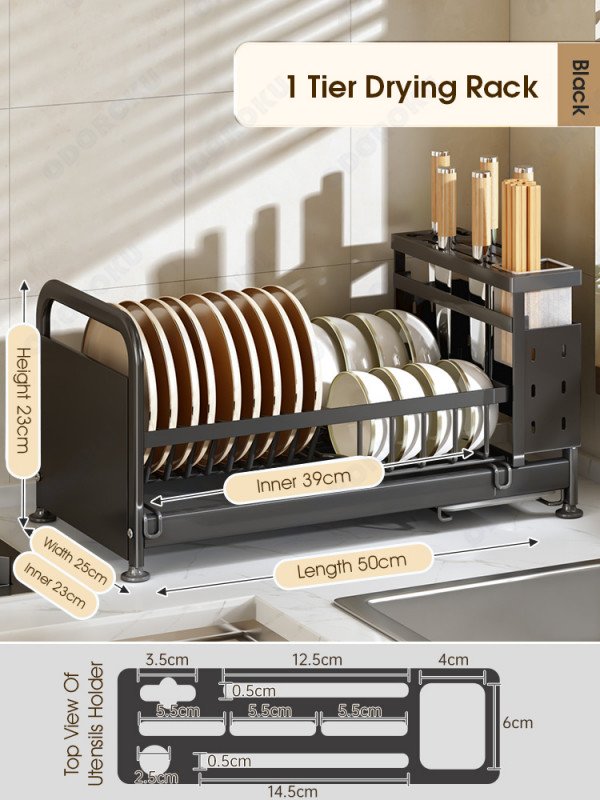 ODOROKU Adjustable Knife Pots Pans & Utensils Holder with Water Tray Pot Rack Organizer Customizable Partition and Adjustable Length Kitchen Storage Rack For Chopping Board Cutlery Knife Pots Pans Black White - ODOROKU