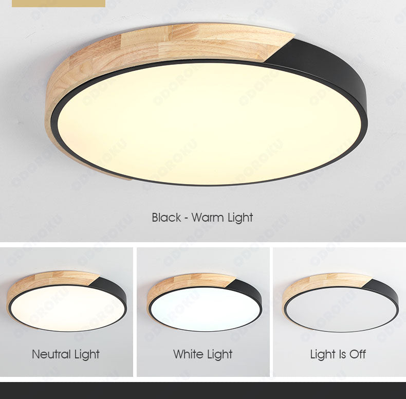 ODOROKU Circle Modern LED Ceiling Light Minimalist Wood Style Flush Mount Ceiling Light Fixture Circle Lighting Lamp with Acrylic Lampshade for Bedroom Living Room Dining Room Laundry Black White - ODOROKU