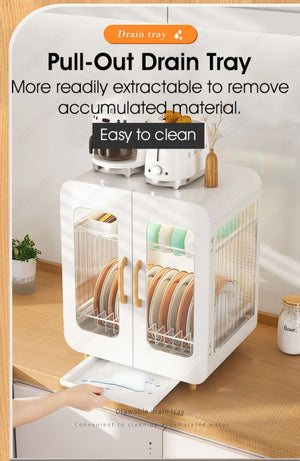 ODOROKU 2 Tier Minimalistic Cabinet Dish Rack with Doors and Water Tray Magnetic Door Dish Drainer Rack Bowl Plates Holder Dust Proof Cabinet Door - ODOROKU