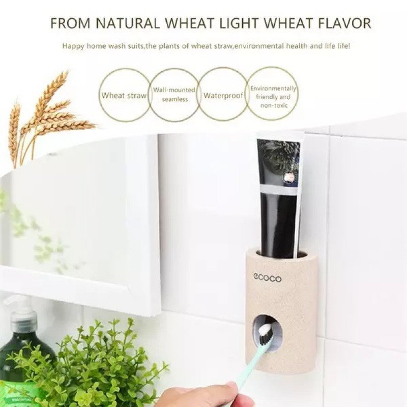 ODOROKU Wheat Straw Toothpaste Dispenser Eco Friendly Dustproof Hands Free Squeeze Out for Family Washroom Bathroom - ODOROKU