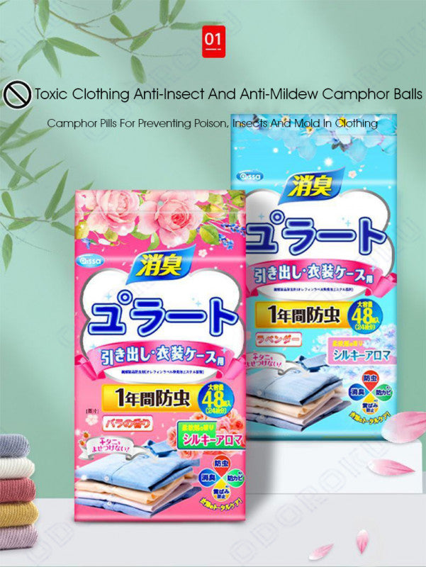 ODOROKU 24/48pcs Anti Mildew Moth Ball Deodorizer Dehumidification Closet Mothball Fragrant Camphor Balls Individually Packed Moisture-Proof Aromatherapy Fragrance Blueball Rose White Peack Oolong - ODOROKU