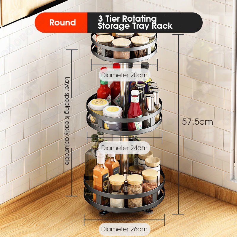 ODOROKU 1/2/3 Tier Rotating Spice Rack Height Adjustable Spice Shelf 360 Degree Round Rotatable Seasoning Organizer for Kitchen Bathroom Black White - ODOROKU