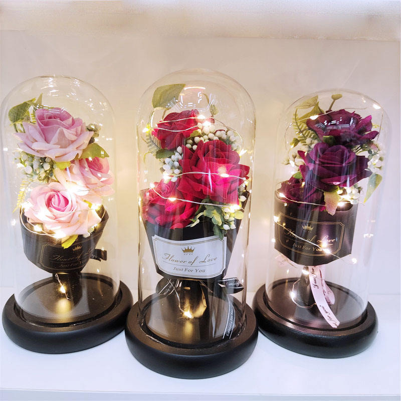 ODOROKU Silk Rose and Led Light with Fallen Petals in Glass Dome on Wooden Base Artificial Rose Rose Kit Rose Glass Dome Valentine's Day Anniversary Birthday Mothers Day Gift - ODOROKU