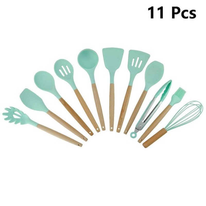 ODOROKU 11 Pcs Silicone Kitchen Utensil Set With Holder Heat Resistant Tools With Wooden Handle Nonstick Non Scratch - ODOROKU