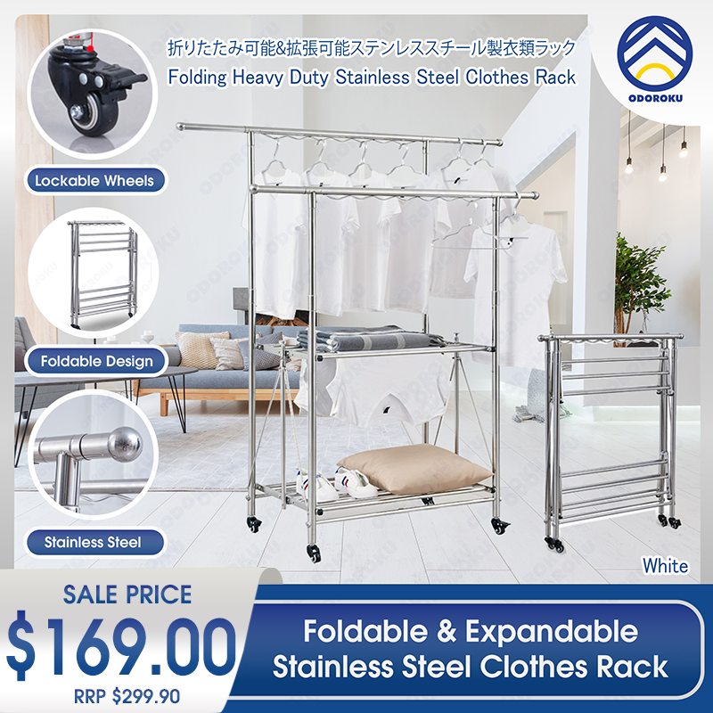 ODOROKU Foldable and Expandable Stainless Steel Clothes Rack with Wheels Laundry Rack Clothes Garment Rack Foldable Rack Collapsible and Extendable Clothing Shelf