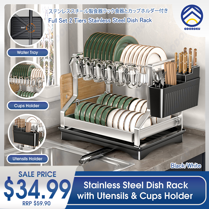 ODOROKU Stainless Steel 2 Tier Dish Rack with Drainer Cup Holder Utensils Holder and Water Tray Dish Drying Rack Dish Racks for Kitchen Counter with Drainboard Dish Drainer with Drainage Utensil Holder for Dish/Knifes/Cup/Cutting Board Black White - ODOROKU